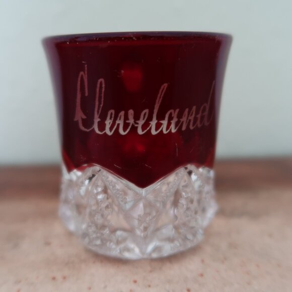 Vintage Collectible Cleveland OH Ruby Red Cut to Clear Glass Mug - Picture 1 of 8